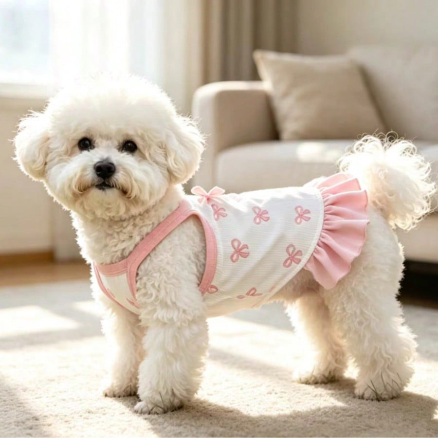 Cherry Print Pet Dress, Sleeveless Ruffle Hem Breathable For Small Dogs And Cats, Suitable For Poodle Teddy Chihuahua, Anti-Shedding