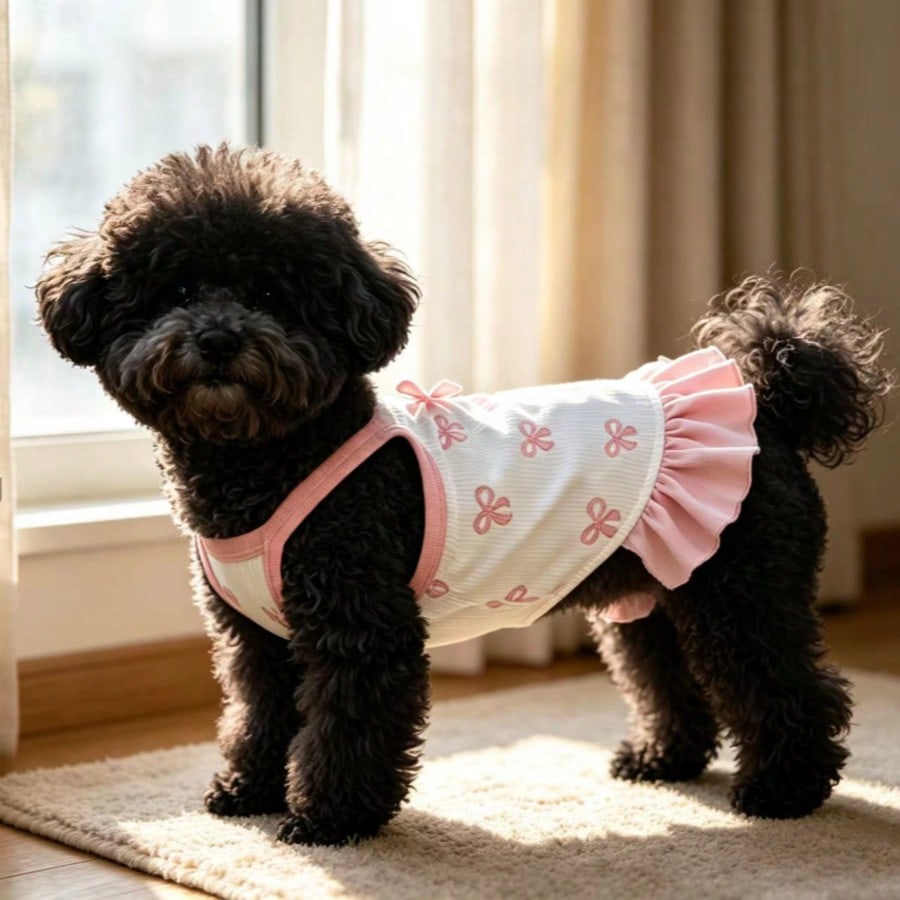 Cherry Print Pet Dress, Sleeveless Ruffle Hem Breathable For Small Dogs And Cats, Suitable For Poodle Teddy Chihuahua, Anti-Shedding