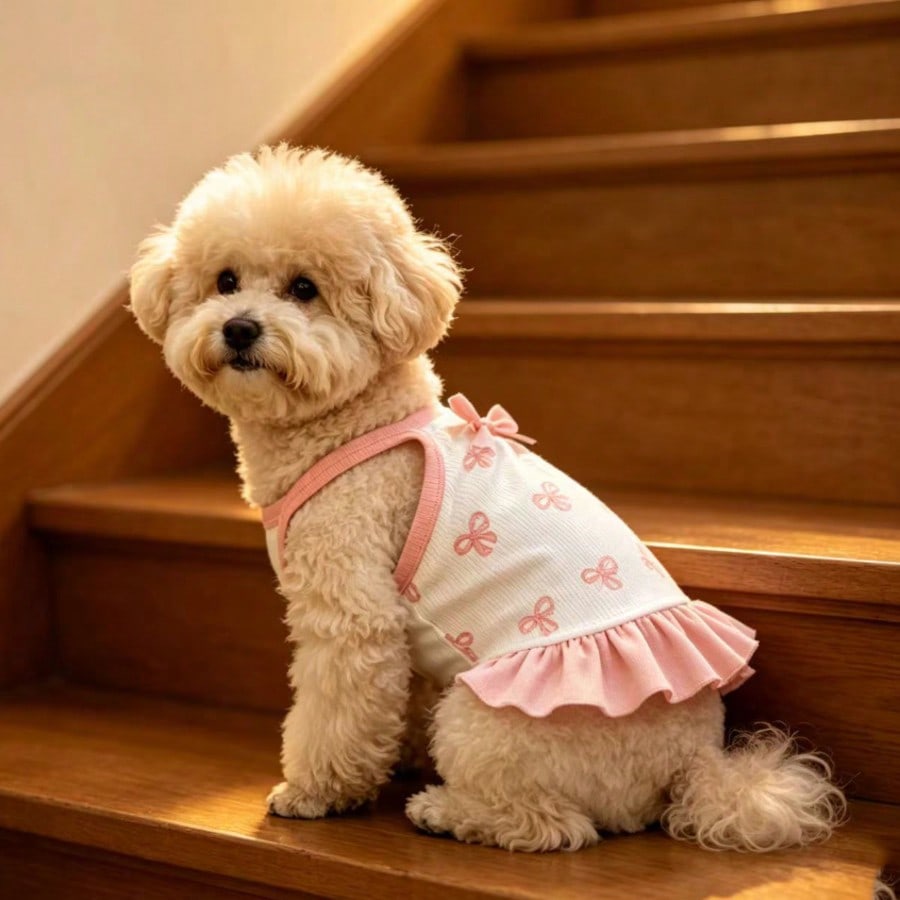Cherry Print Pet Dress, Sleeveless Ruffle Hem Breathable For Small Dogs And Cats, Suitable For Poodle Teddy Chihuahua, Anti-Shedding