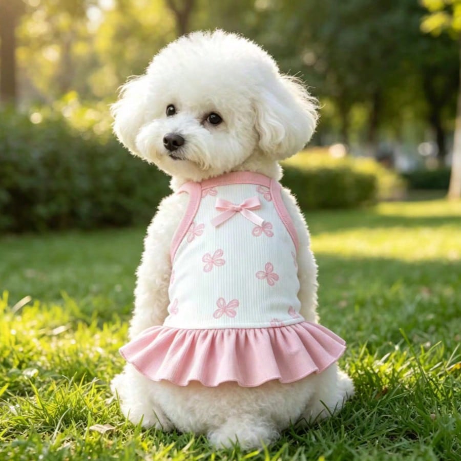Cherry Print Pet Dress, Sleeveless Ruffle Hem Breathable For Small Dogs And Cats, Suitable For Poodle Teddy Chihuahua, Anti-Shedding