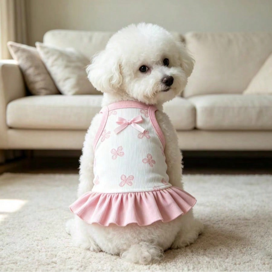Cherry Print Pet Dress, Sleeveless Ruffle Hem Breathable For Small Dogs And Cats, Suitable For Poodle Teddy Chihuahua, Anti-Shedding