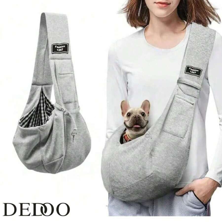 Multicolor polyester pet sling carrier bag with animal pattern for carrying cats and dogs during outdoor travel.