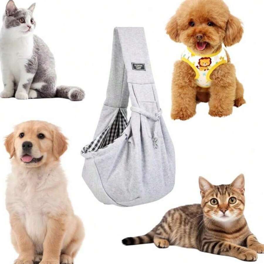 Multicolor polyester pet sling carrier bag with animal pattern for carrying cats and dogs during outdoor travel.