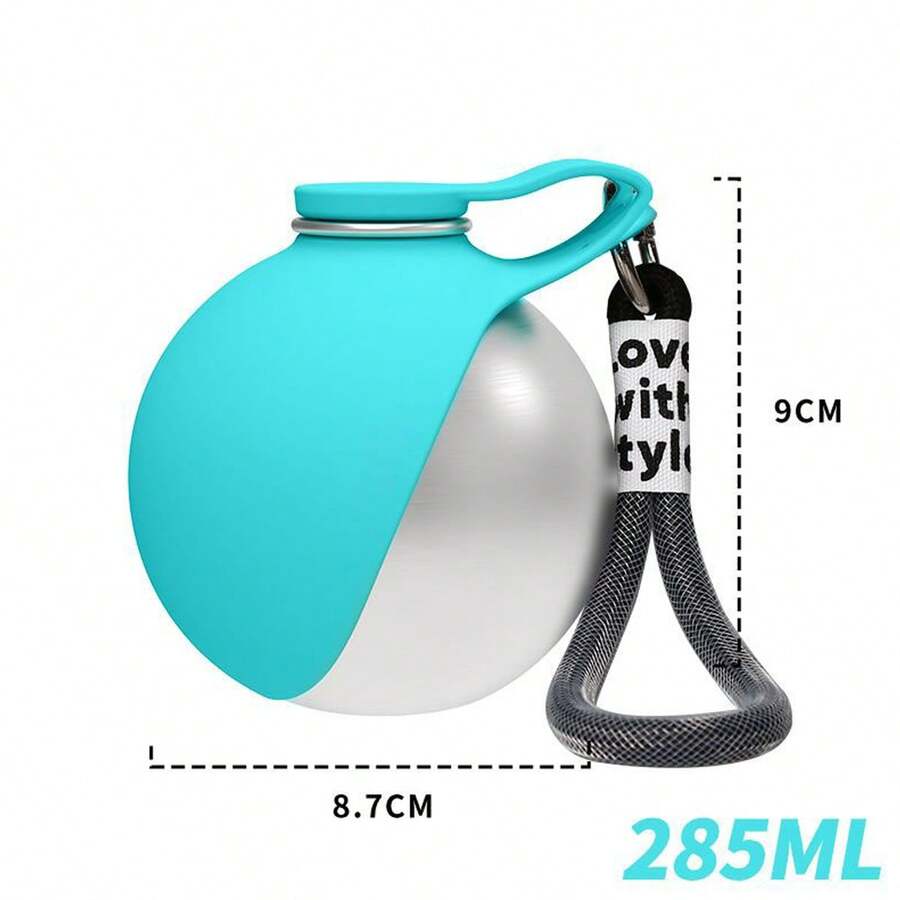 Portable 2-in-1 stainless steel dog water bottle with a colorblock design and foldable bowl, 285 ml capacity for dogs and cats.