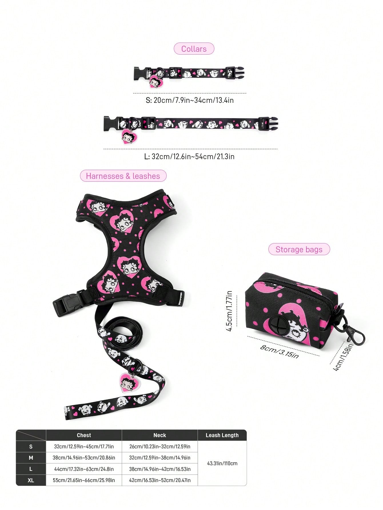 Multicolor cartoon pattern polyester pet harness and leash set with adjustable harness length for cats and dogs