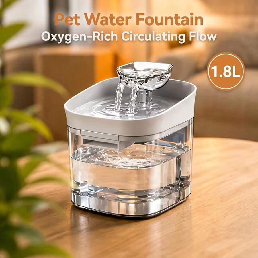 1.8L automatic circulating pet water fountain dispenser with USB power connection for cats and dogs