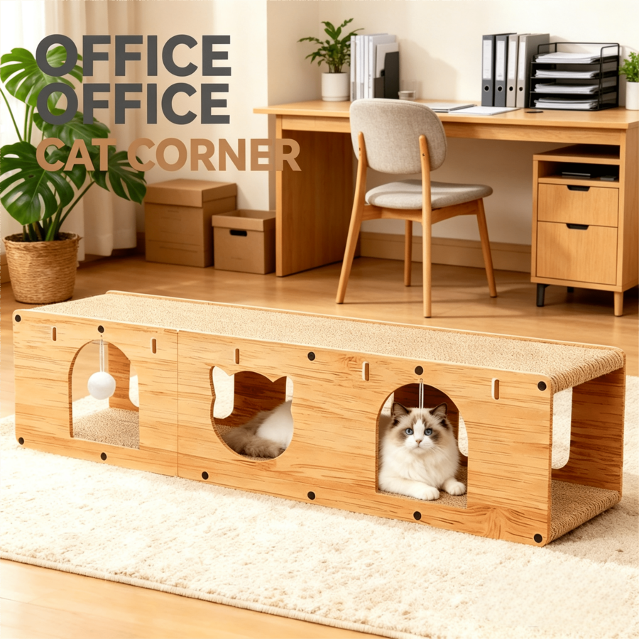 Khaki multi-hole wooden cat tunnel scratcher with sisal wrapping, hanging pom pom balls, and splicable separable hiding cave design for indoor cats.