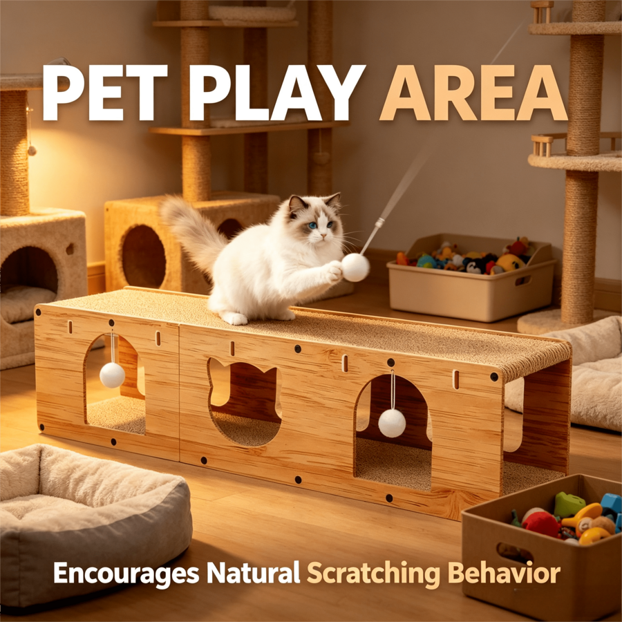 Khaki multi-hole wooden cat tunnel scratcher with sisal wrapping, hanging pom pom balls, and splicable separable hiding cave design for indoor cats.