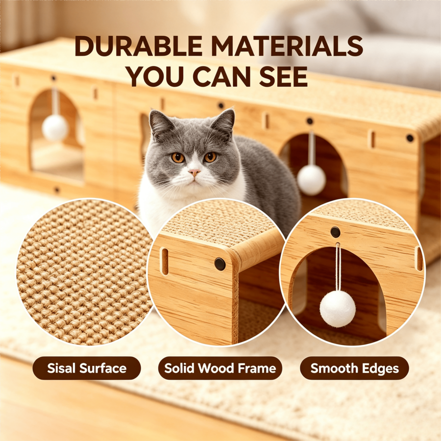 Khaki multi-hole wooden cat tunnel scratcher with sisal wrapping, hanging pom pom balls, and splicable separable hiding cave design for indoor cats.