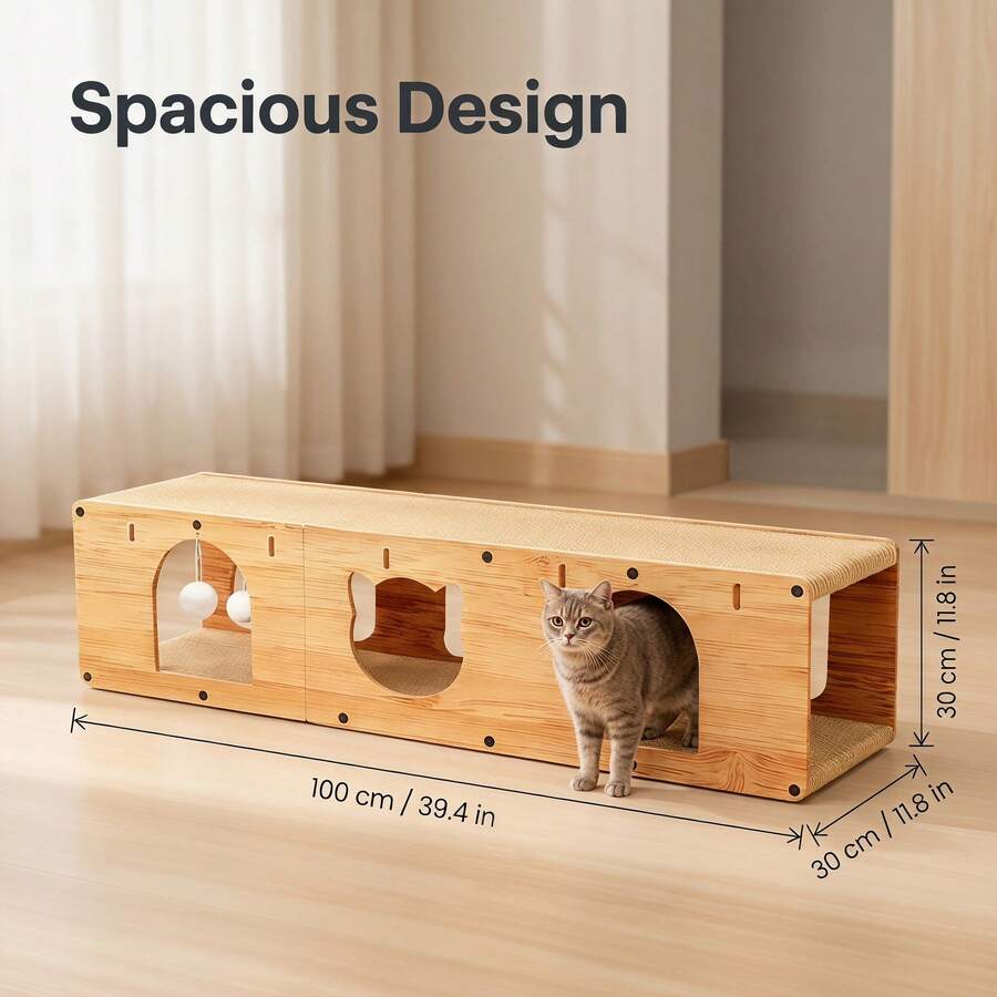 Khaki multi-hole wooden cat tunnel scratcher with sisal wrapping, hanging pom pom balls, and splicable separable hiding cave design for indoor cats.