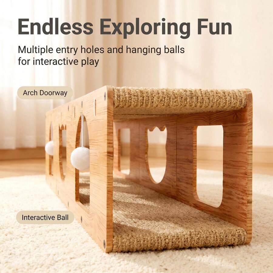 Khaki multi-hole wooden cat tunnel scratcher with sisal wrapping, hanging pom pom balls, and splicable separable hiding cave design for indoor cats.