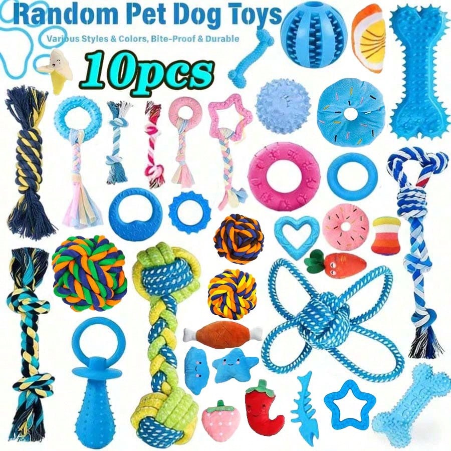 10pcs Random Color & Style Plush Dog Toys Combination, Pet TPR Knotted Toys Combination, Dog Chew Squeaky Toys Combination, Teeth Cleaning Knotted Toys Combination, Suitable For Medium & Small Dogs