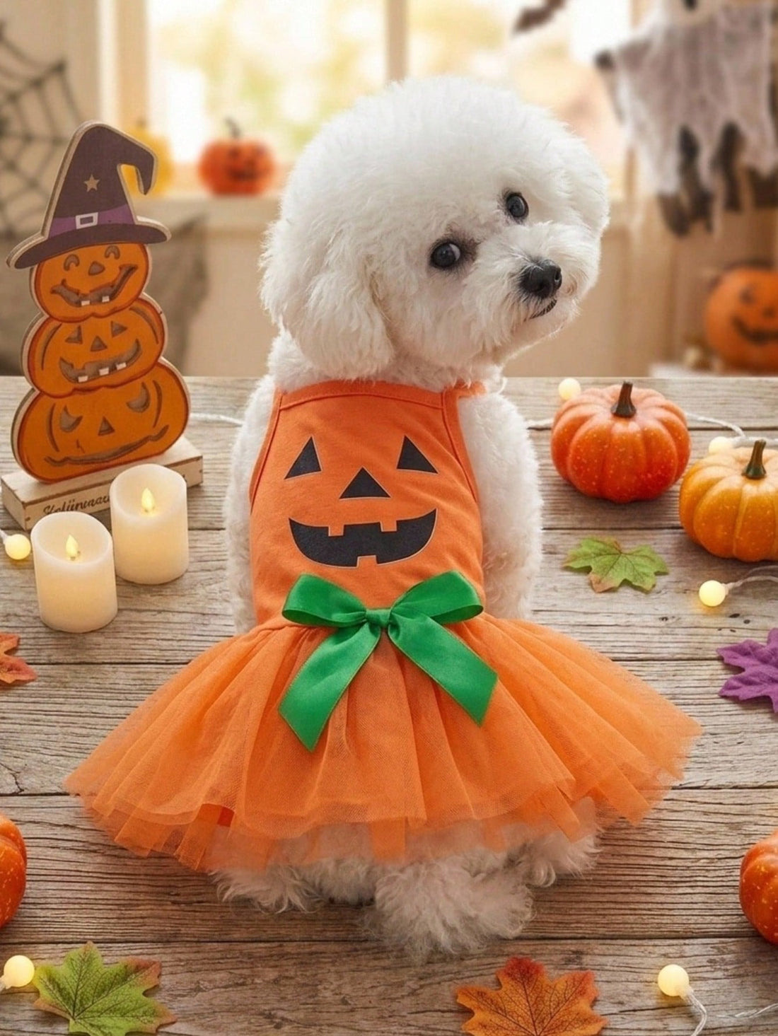 1pc Halloween Orange Pumpkin & Funny Face Print Cute Mesh Tulle Dress For Cats/Dogs