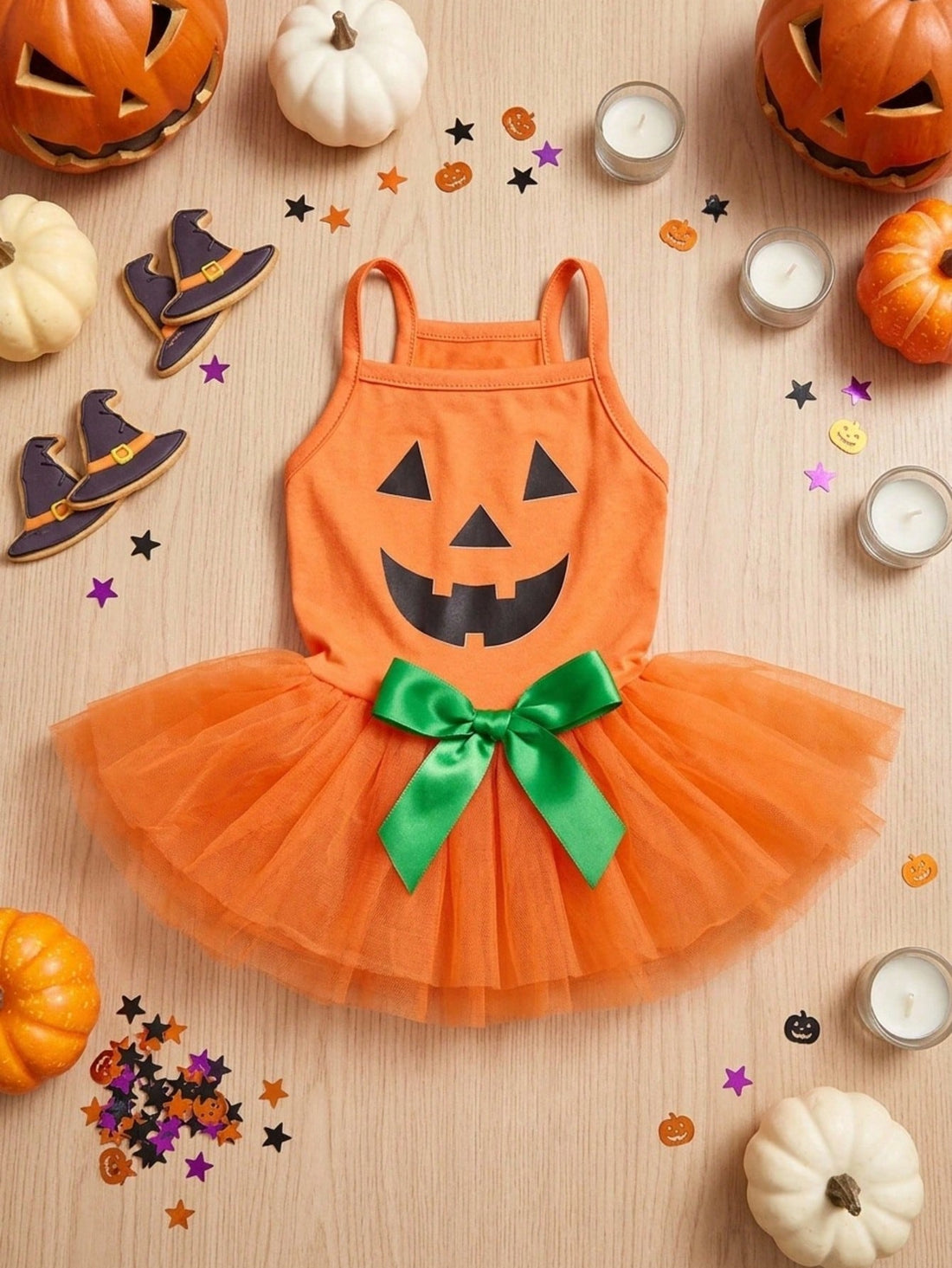 1pc Halloween Orange Pumpkin & Funny Face Print Cute Mesh Tulle Dress For Cats/Dogs