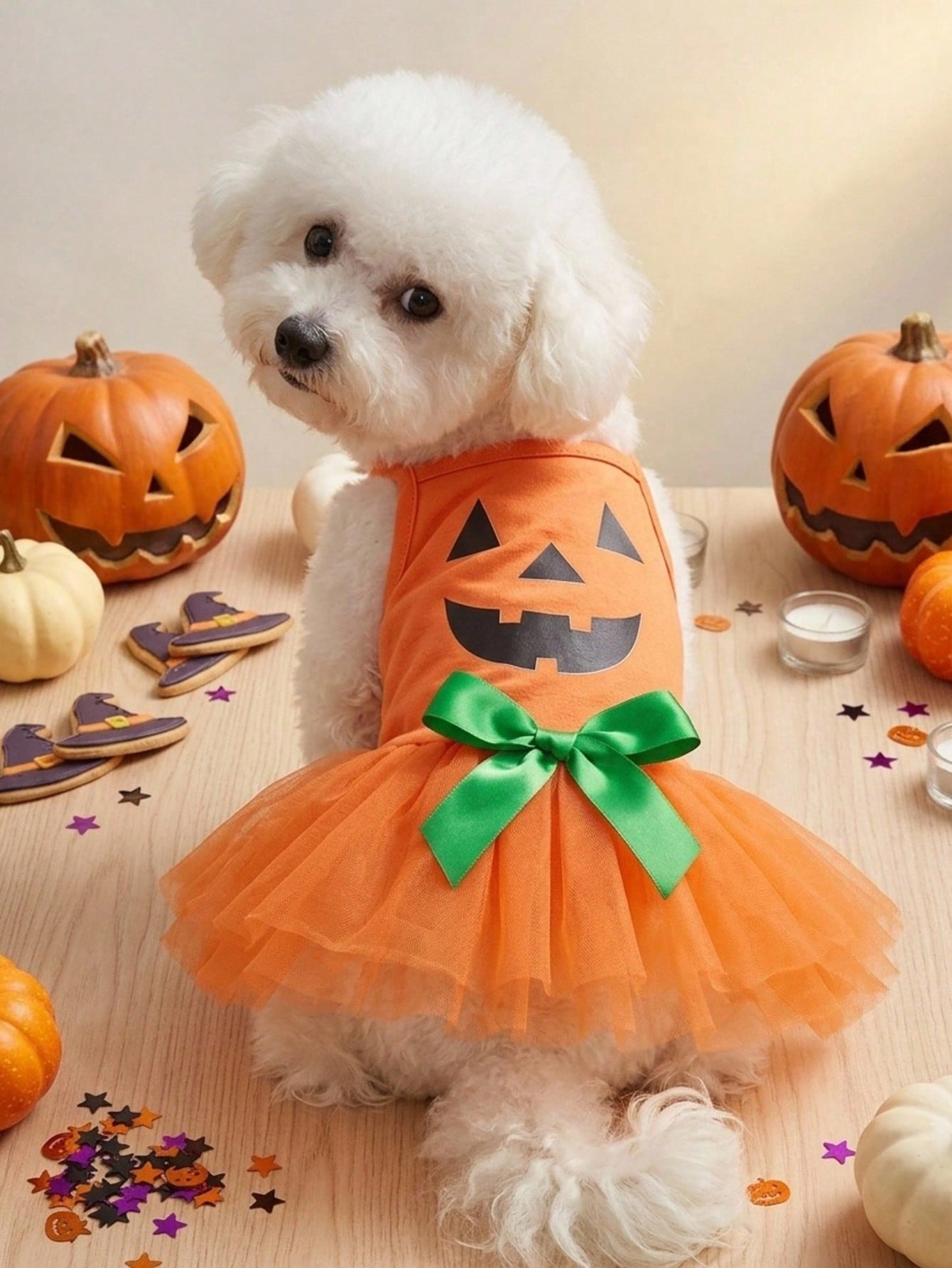 1pc Halloween Orange Pumpkin & Funny Face Print Cute Mesh Tulle Dress For Cats/Dogs