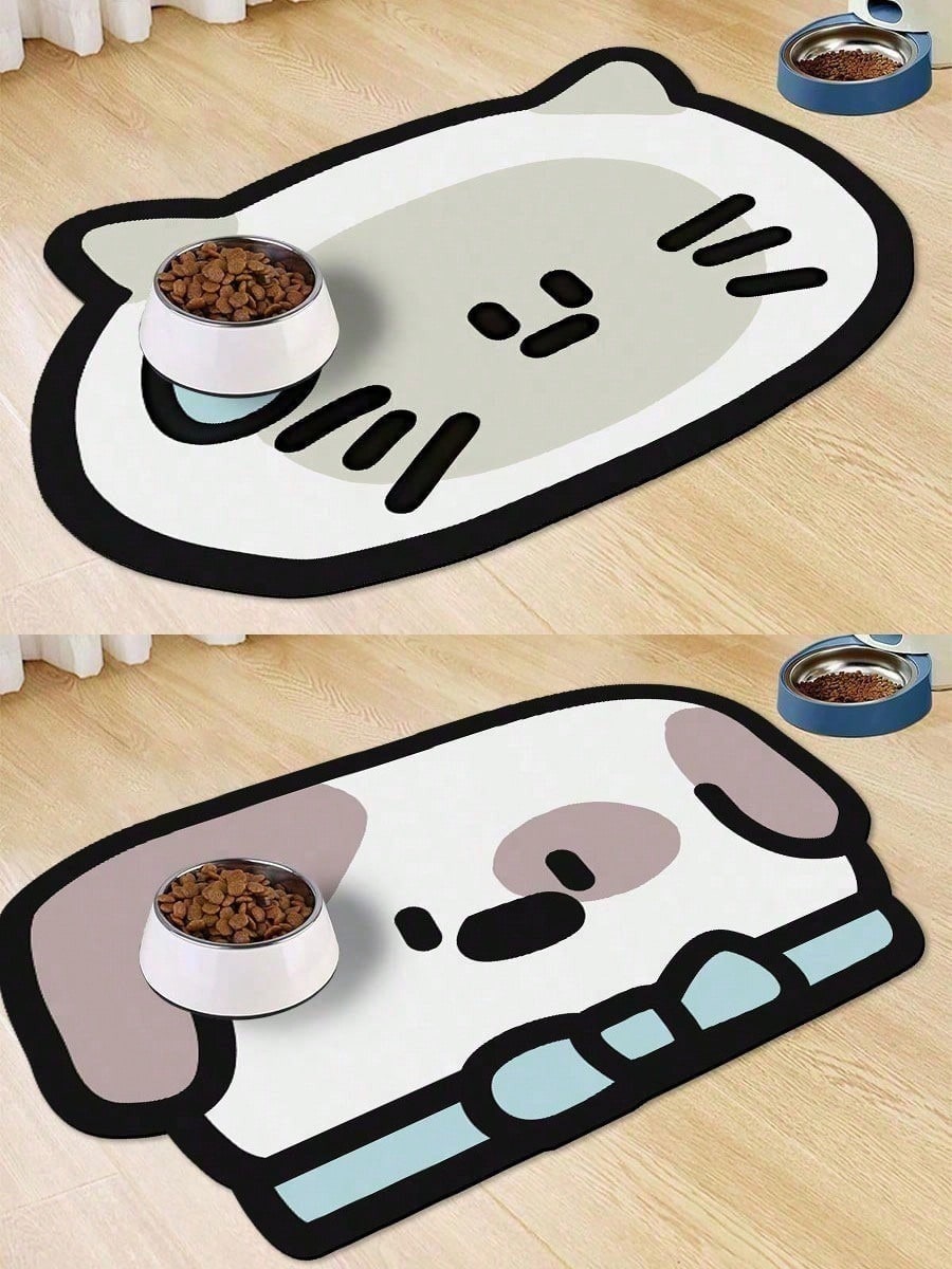 Multicolor cartoon hand-painted style pet feeding mat for cats and dogs, water-absorbing polyester pet bowl placemat.