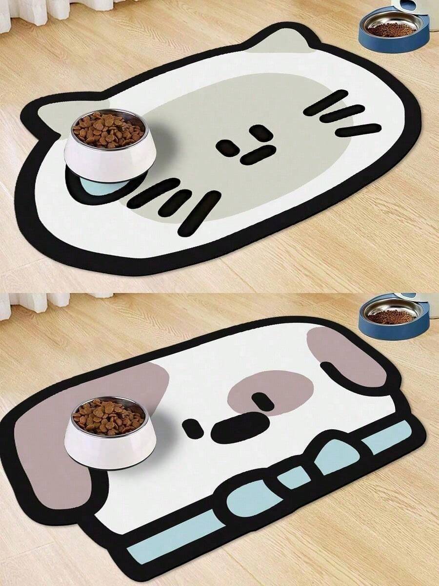 Multicolor cartoon hand-painted style pet feeding mat for cats and dogs, water-absorbing polyester pet bowl placemat.