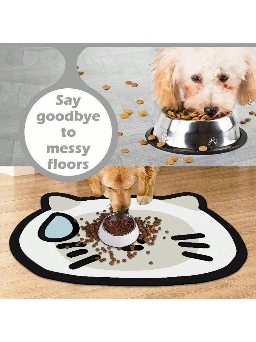 Multicolor cartoon hand-painted style pet feeding mat for cats and dogs, water-absorbing polyester pet bowl placemat.