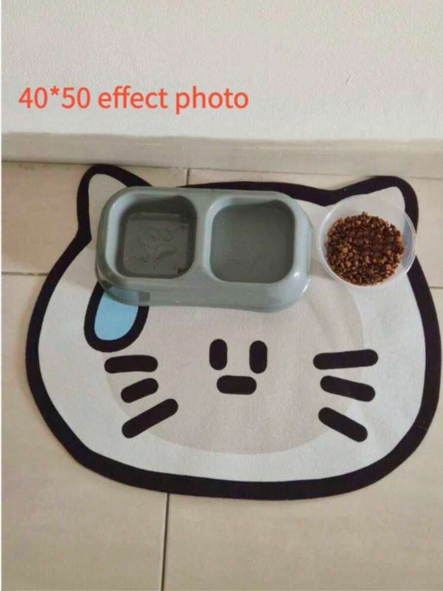 Multicolor cartoon hand-painted style pet feeding mat for cats and dogs, water-absorbing polyester pet bowl placemat.