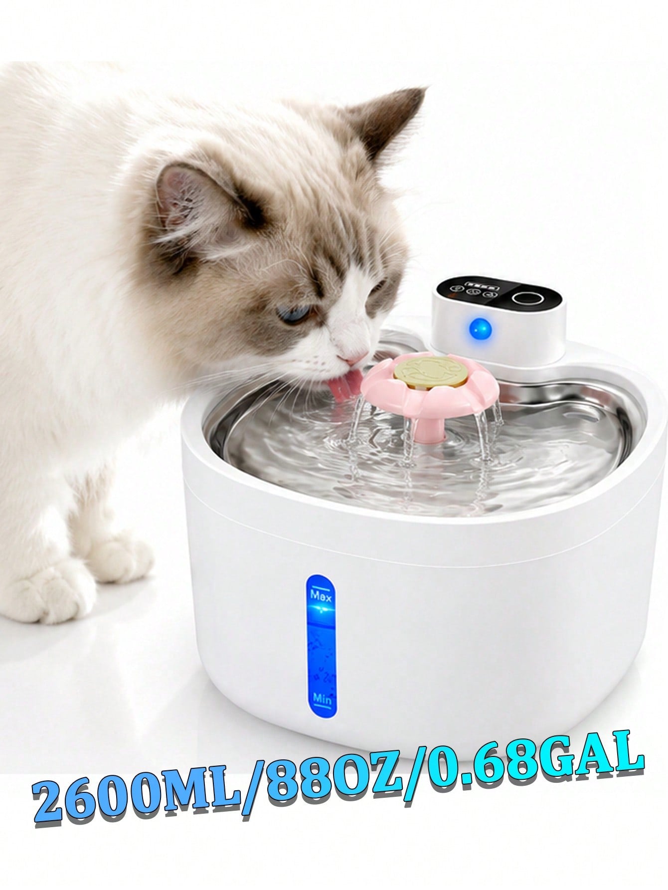 Multicolor 88oz 2.6L wireless automatic cat water fountain with motion sensor and rechargeable battery powered ABS structure.