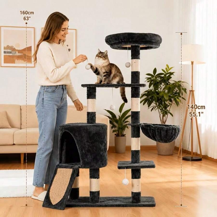 Black 5-tier wooden cat tree featuring an activity tower with hammock, condo hideaway, and sisal scratching posts for indoor cats.