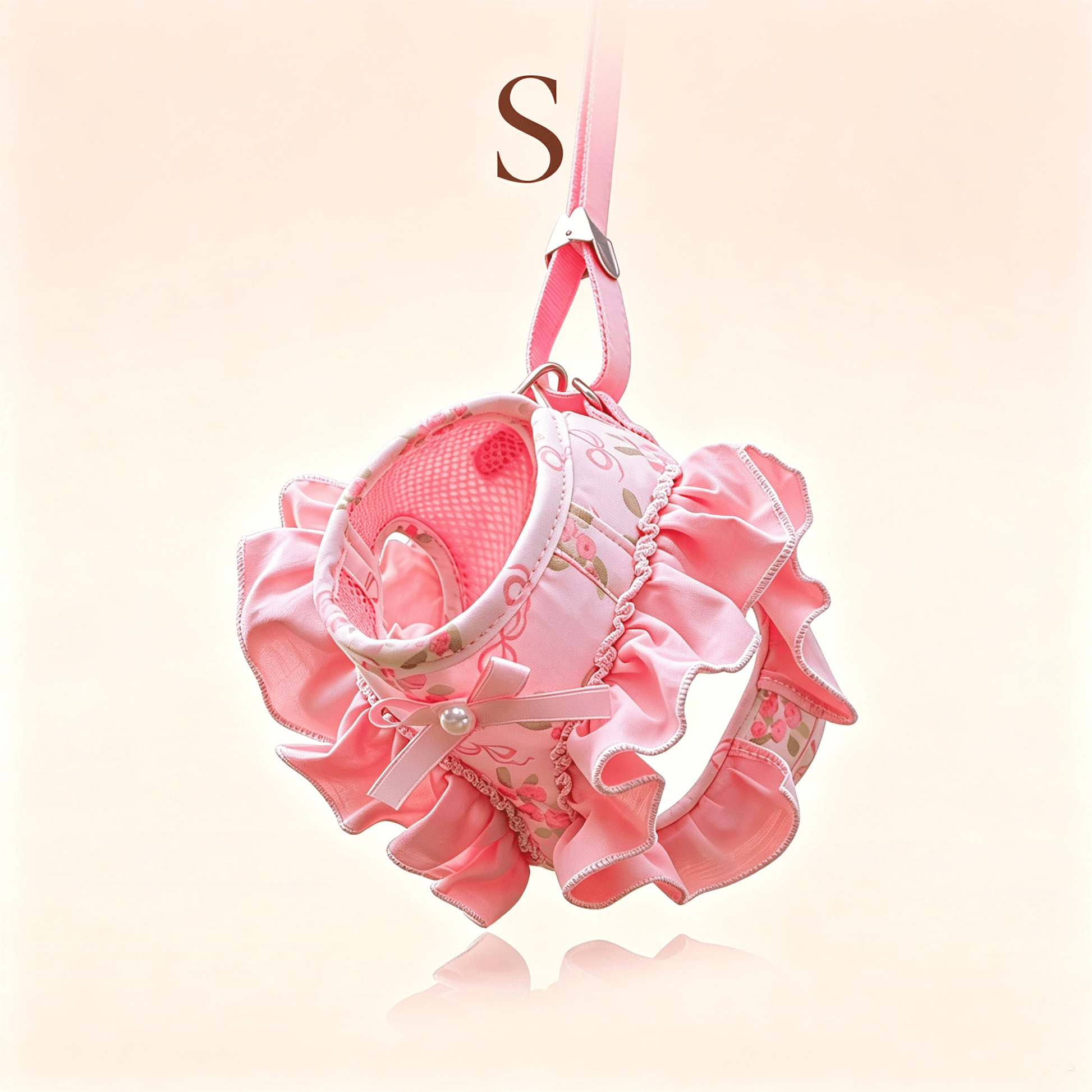 Pink polyester dog vest harness and leash set for small pets with bowknot, floral, pearl, and ruffle design plus safety snap buckle