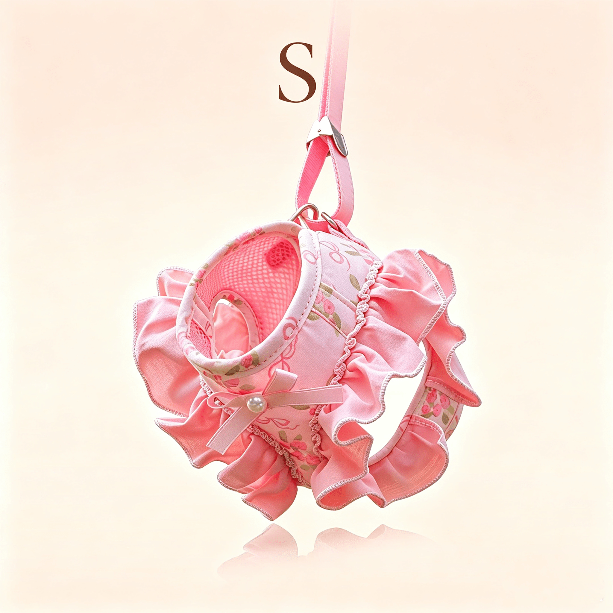 Pink polyester dog vest harness and leash set for small pets with bowknot, floral, pearl, and ruffle design plus safety snap buckle