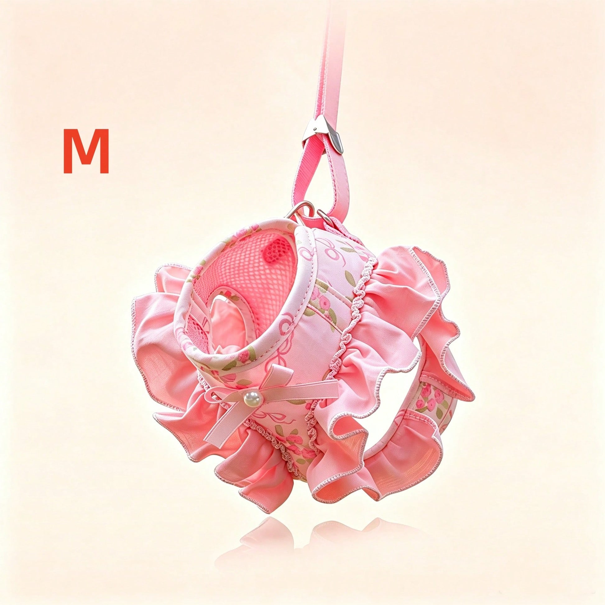 Pink polyester dog vest harness and leash set for small pets with bowknot, floral, pearl, and ruffle design plus safety snap buckle