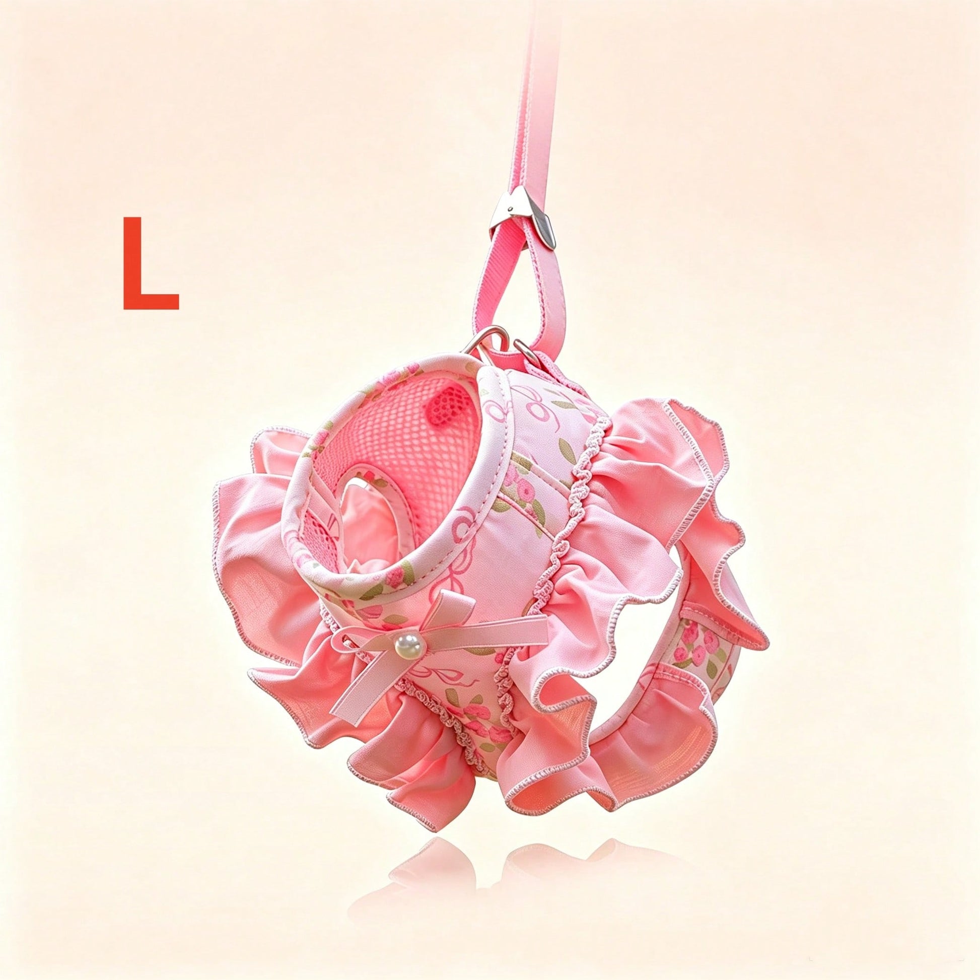 Pink polyester dog vest harness and leash set for small pets with bowknot, floral, pearl, and ruffle design plus safety snap buckle