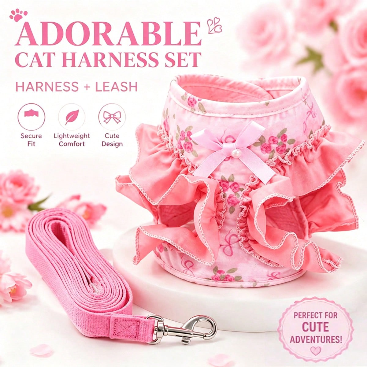 Pink polyester dog vest harness and leash set for small pets with bowknot, floral, pearl, and ruffle design plus safety snap buckle