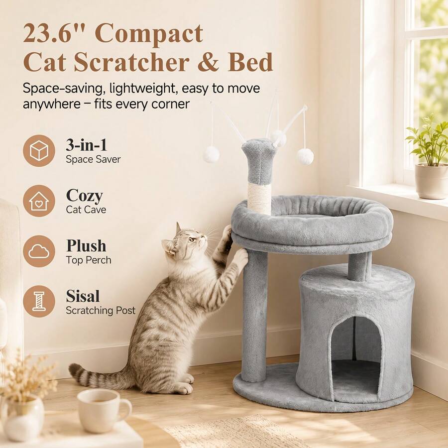 Gray 23.6-inch compact multi-level cat tree tower for indoor cats featuring a soft padded perch, cozy hideaway cave, and dangling pom-pom toy.