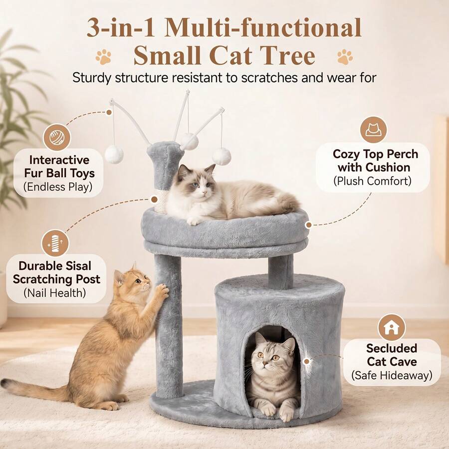 Gray 23.6-inch compact multi-level cat tree tower for indoor cats featuring a soft padded perch, cozy hideaway cave, and dangling pom-pom toy.