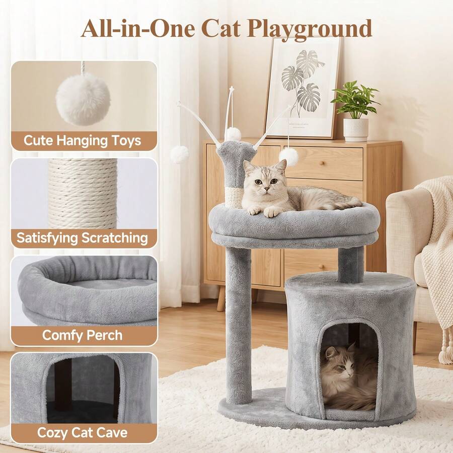 Gray 23.6-inch compact multi-level cat tree tower for indoor cats featuring a soft padded perch, cozy hideaway cave, and dangling pom-pom toy.