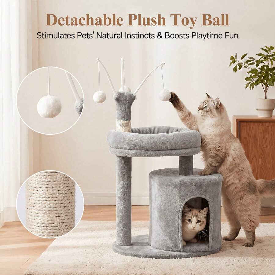 Gray 23.6-inch compact multi-level cat tree tower for indoor cats featuring a soft padded perch, cozy hideaway cave, and dangling pom-pom toy.