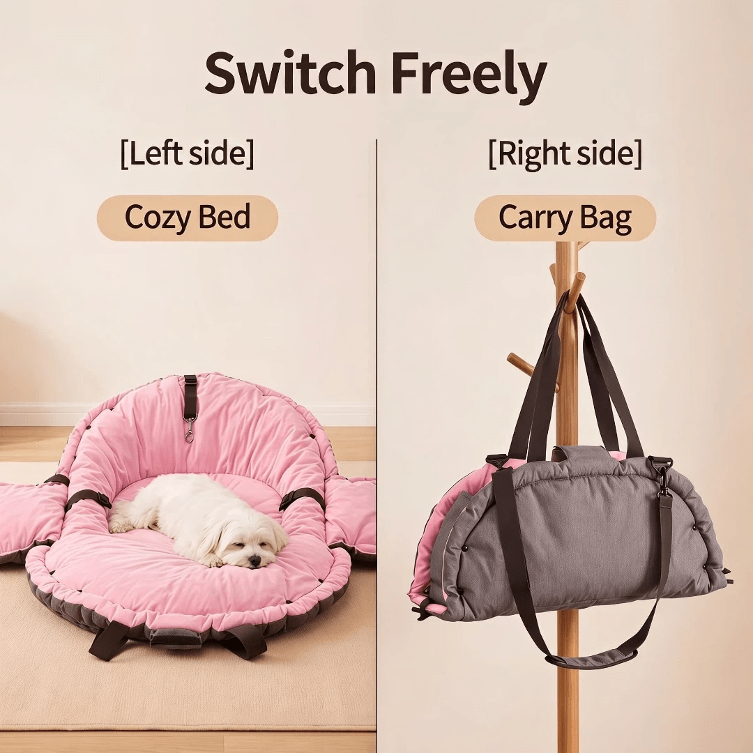 Pink 2-in-1 foldable soft pet travel bed carrier and cozy rest mat for small and medium dogs and cats measuring 62x26x28cm