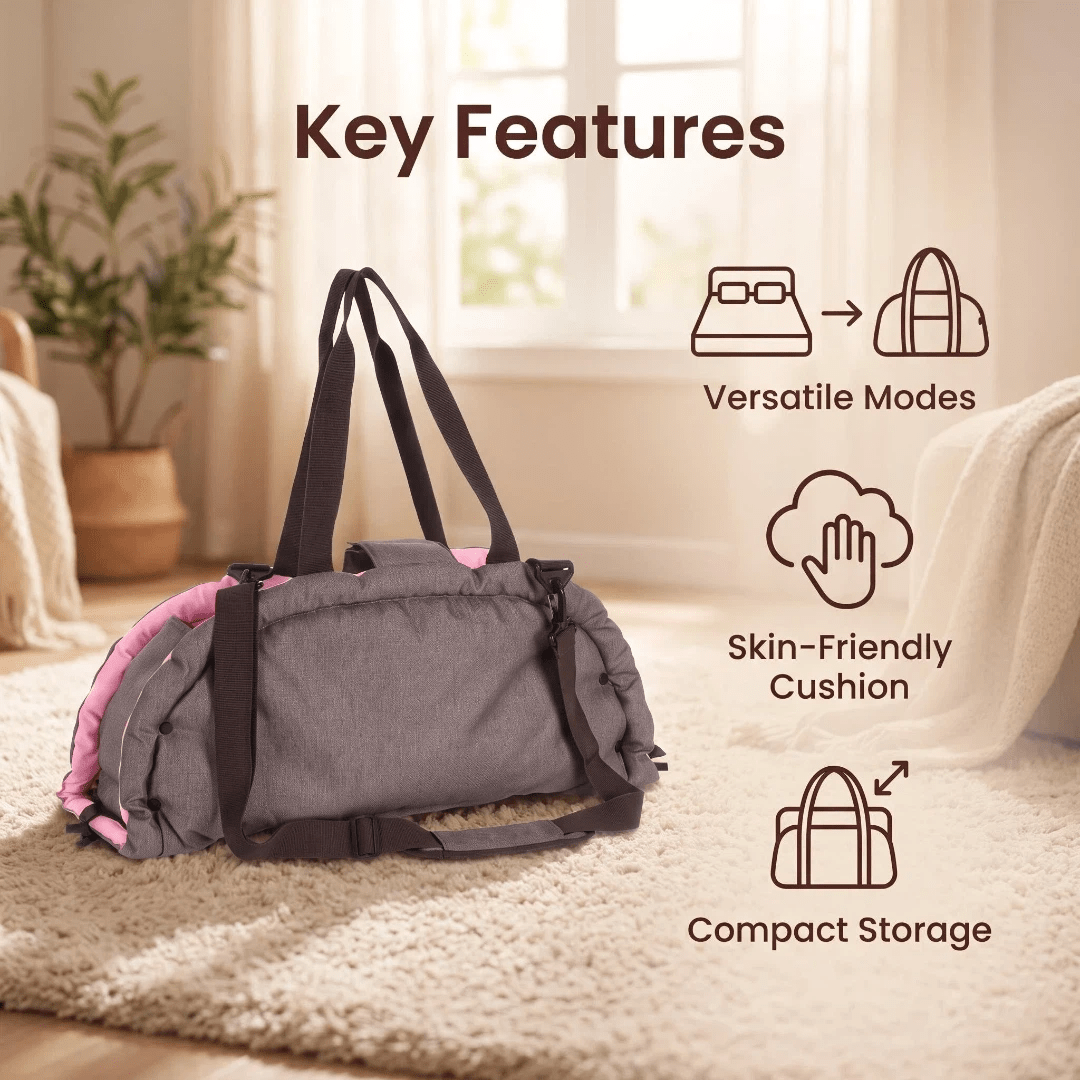Pink 2-in-1 foldable soft pet travel bed carrier and cozy rest mat for small and medium dogs and cats measuring 62x26x28cm