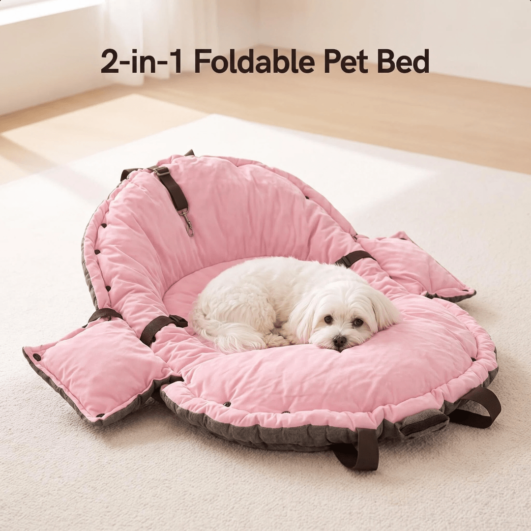 Pink 2-in-1 foldable soft pet travel bed carrier and cozy rest mat for small and medium dogs and cats measuring 62x26x28cm