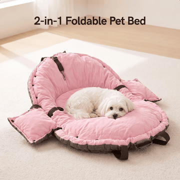 Pink 2-in-1 foldable soft pet travel bed carrier and cozy rest mat for small and medium dogs and cats measuring 62x26x28cm