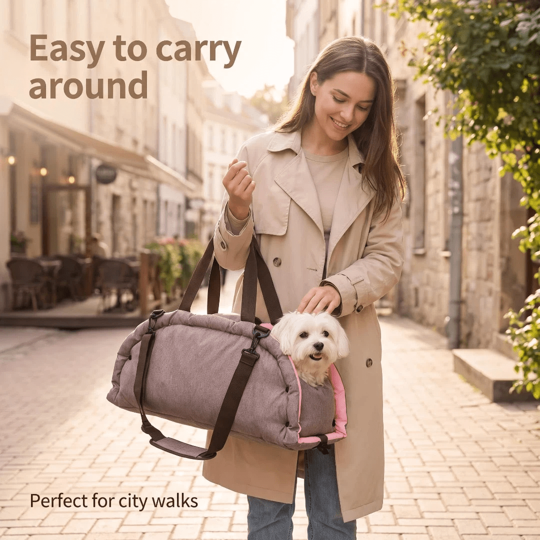Pink 2-in-1 foldable soft pet travel bed carrier and cozy rest mat for small and medium dogs and cats measuring 62x26x28cm