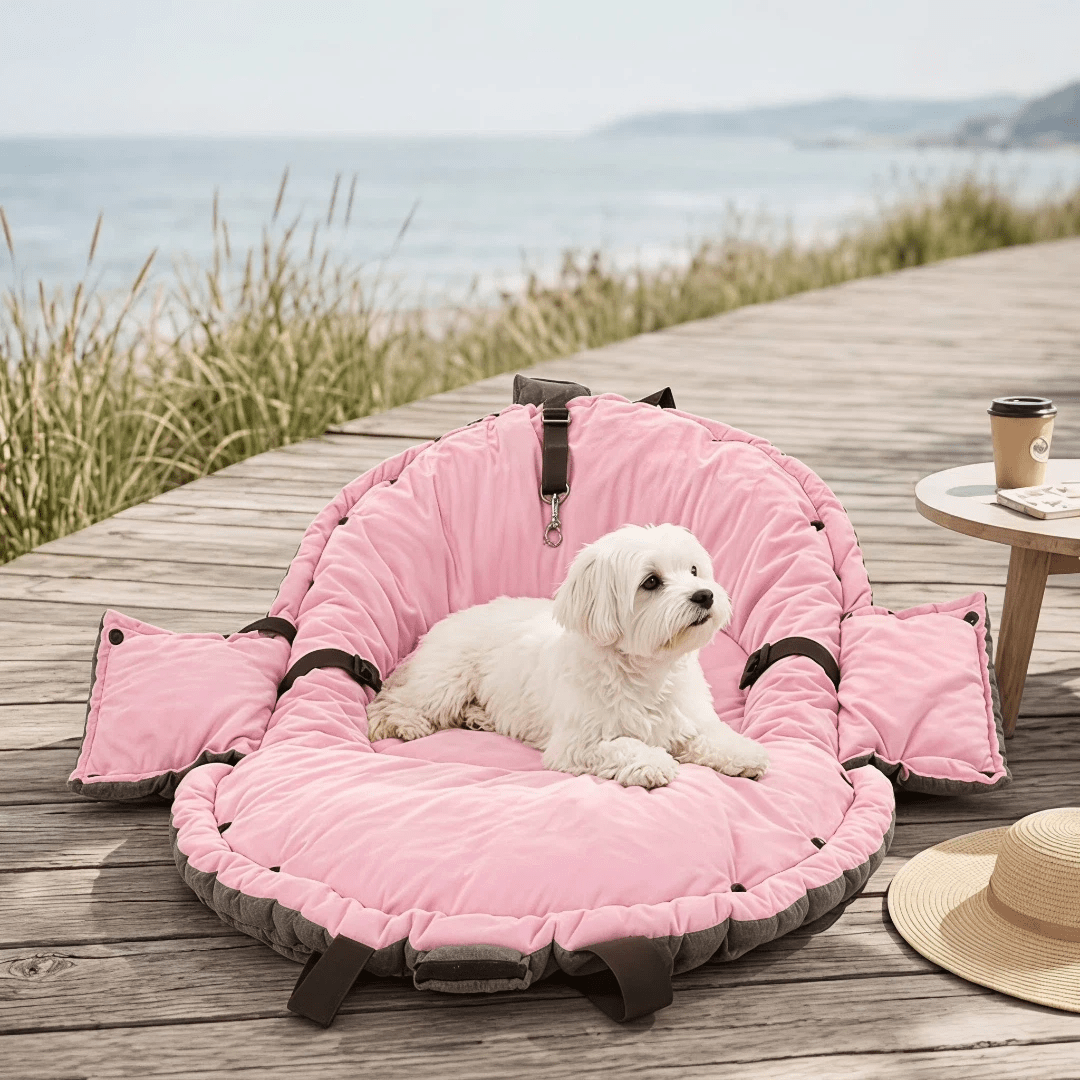 Pink 2-in-1 foldable soft pet travel bed carrier and cozy rest mat for small and medium dogs and cats measuring 62x26x28cm