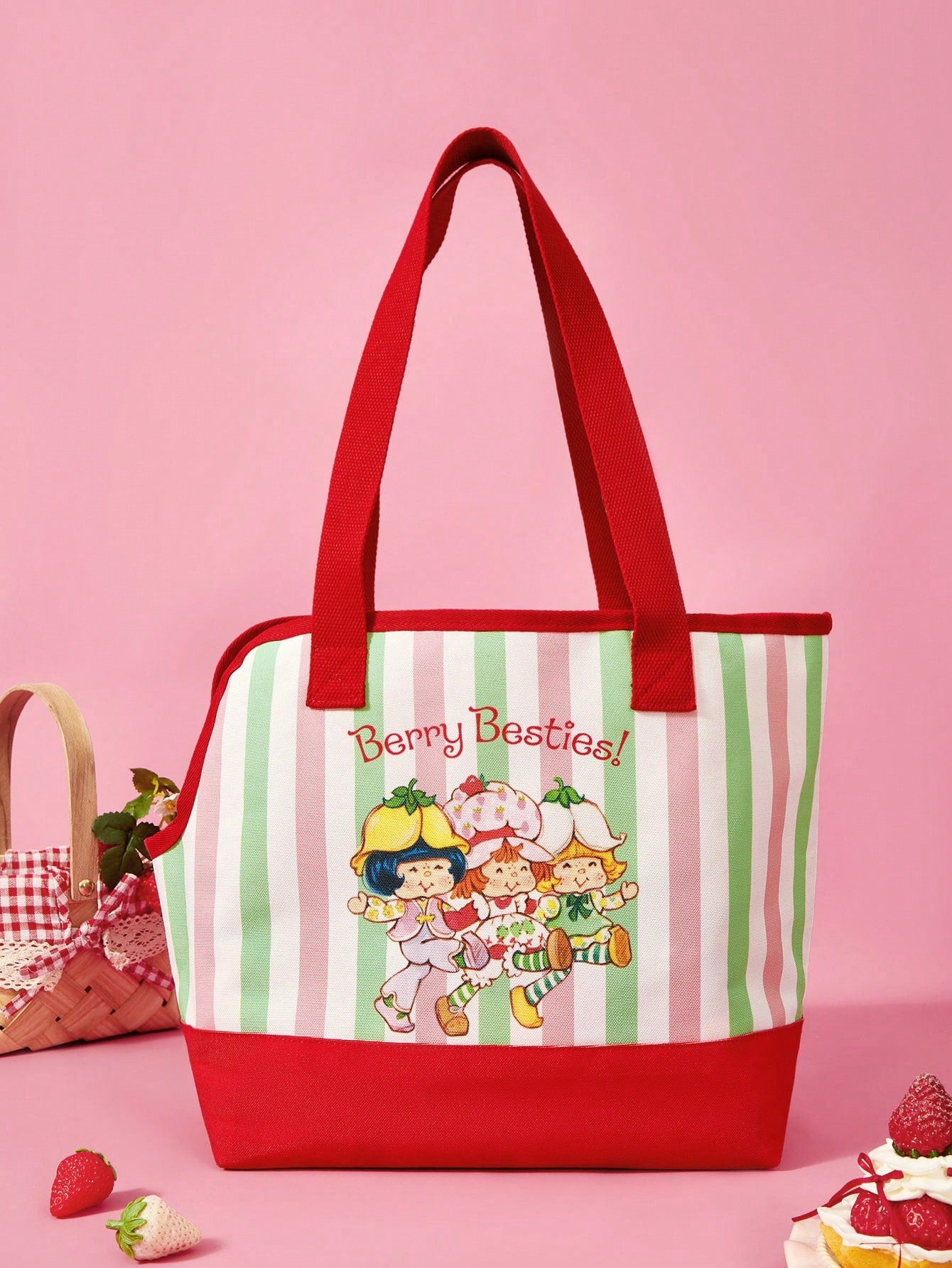 Striped pet tote bag carrier with red trim for small dogs and cats, made of 100% polyester.