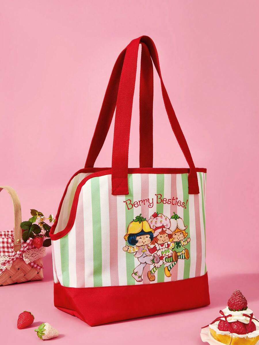 Striped pet tote bag carrier with red trim for small dogs and cats, made of 100% polyester.