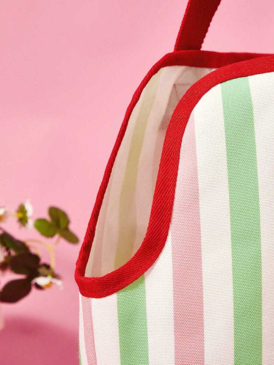 Striped pet tote bag carrier with red trim for small dogs and cats, made of 100% polyester.