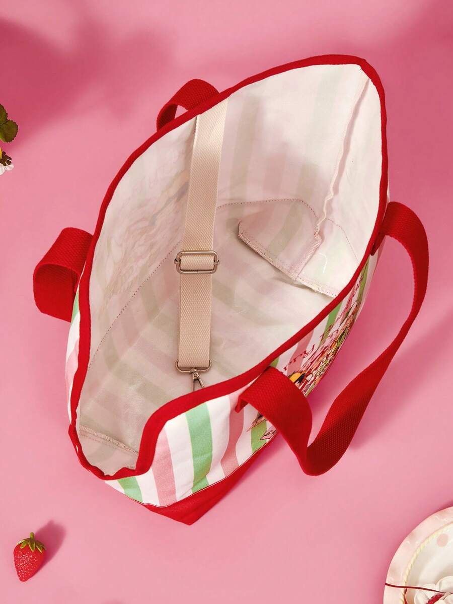 Striped pet tote bag carrier with red trim for small dogs and cats, made of 100% polyester.
