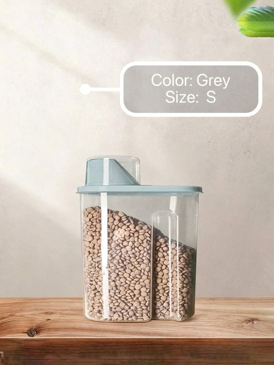 Grey sealed plastic pet food storage bin for storing cat and dog food and snacks.