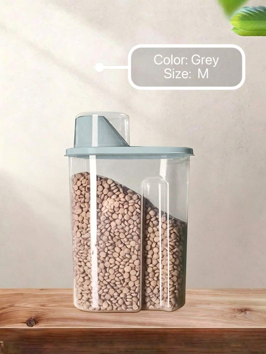 Grey sealed plastic pet food storage bin for storing cat and dog food and snacks.