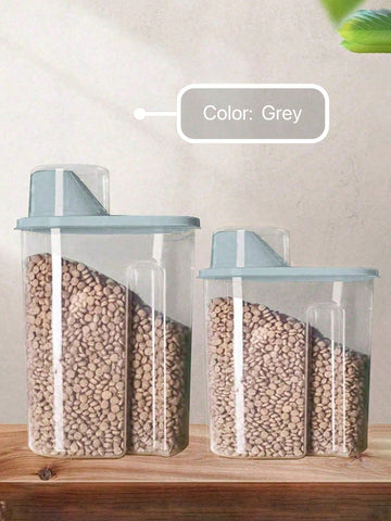Grey sealed plastic pet food storage bin for storing cat and dog food and snacks.