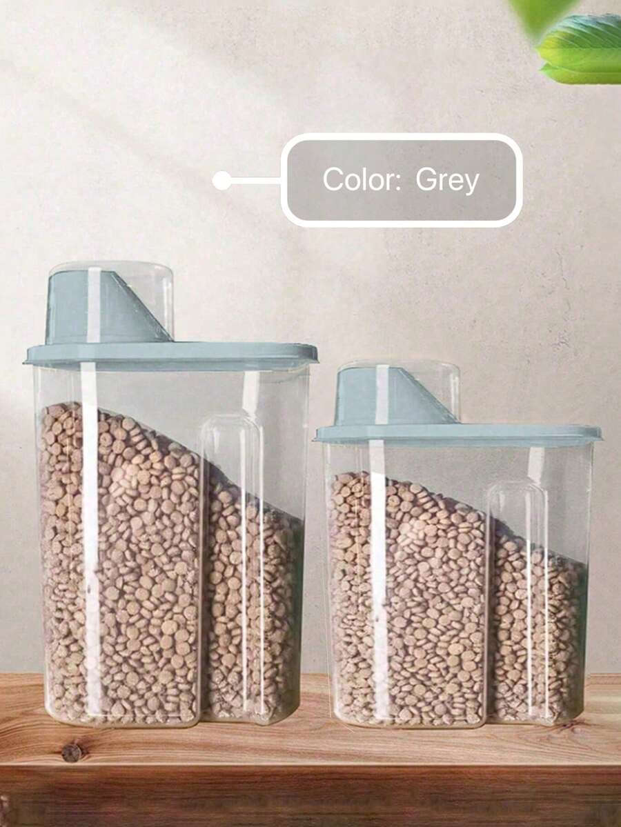 Grey sealed plastic pet food storage bin for storing cat and dog food and snacks.