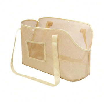Beige breathable mesh dog carrier bag with shoulder straps for pet travel and outdoor walking