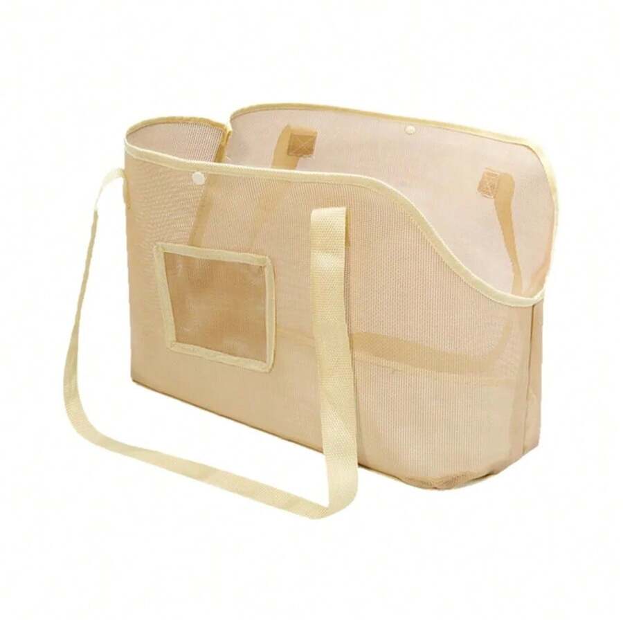 Beige breathable mesh dog carrier bag with shoulder straps for pet travel and outdoor walking
